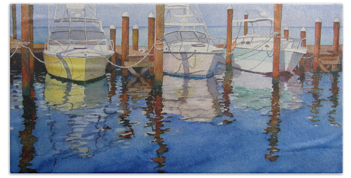 Boats Beach Towel featuring the painting Marina by Judy Mercer