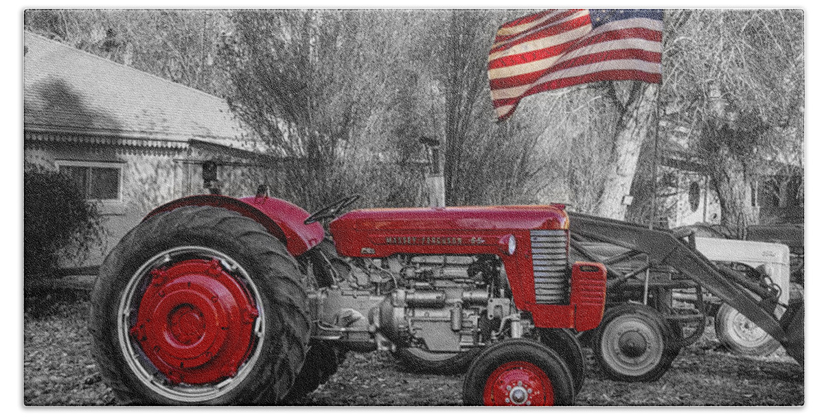 Tractor Beach Towel featuring the photograph Massey - Feaguson 65 Tractor with USA Flag BWSC by James BO Insogna