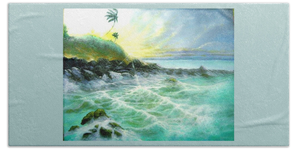 Maui Seasacape Hawaii Beach Towel featuring the painting Maui Seascape Hawaii by Leland Castro