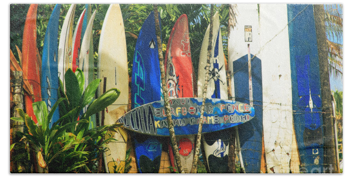 Aloha Beach Towel featuring the photograph Maui Surfboard Fence - Peahi Hawaii by Sharon Mau