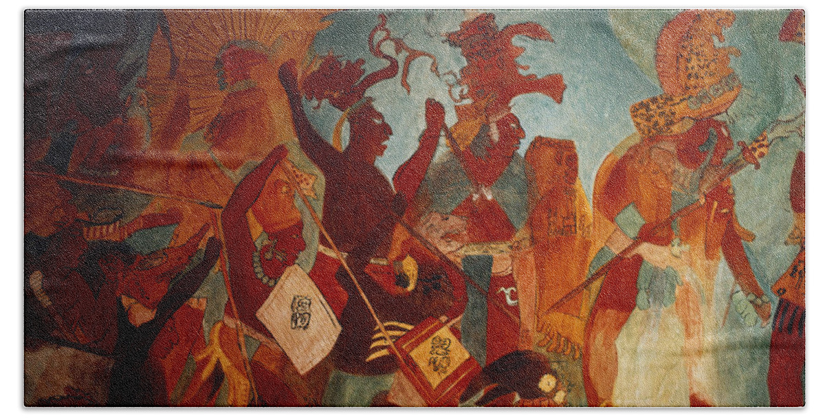 Ancient Beach Towel featuring the painting Maya Fresco At Bonampak by George Holton