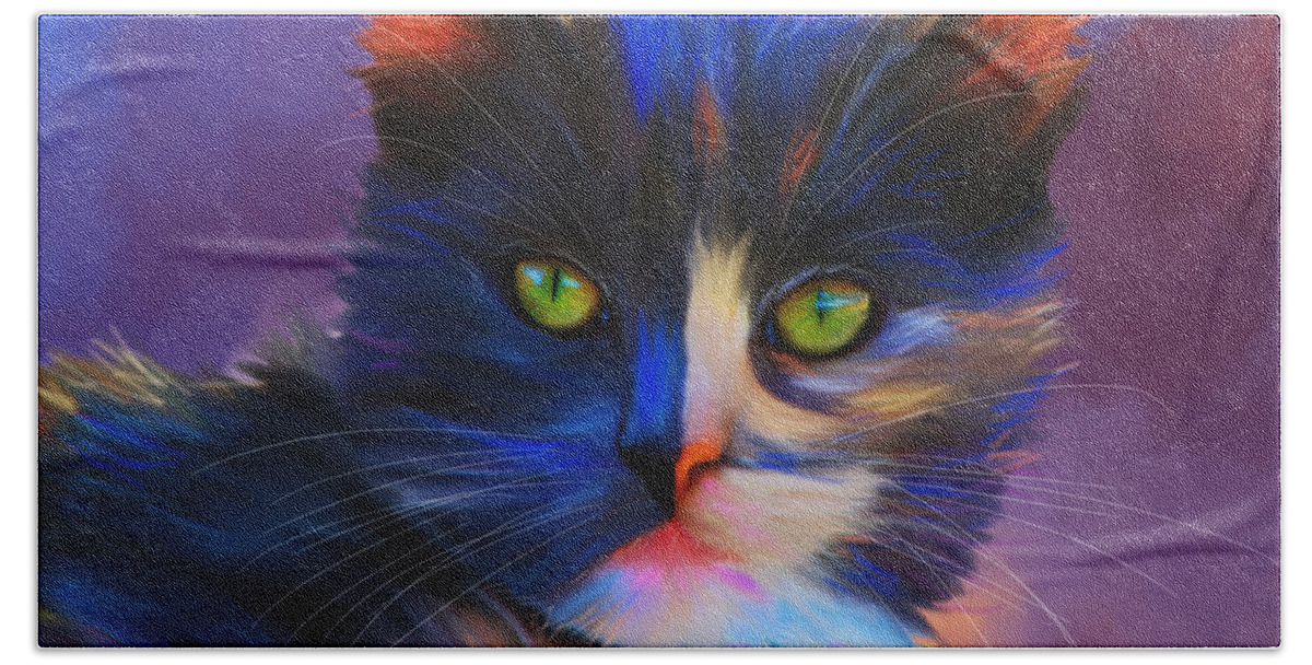 Cat Beach Sheet featuring the painting Meesha Colorful Cat Portrait by Michelle Wrighton