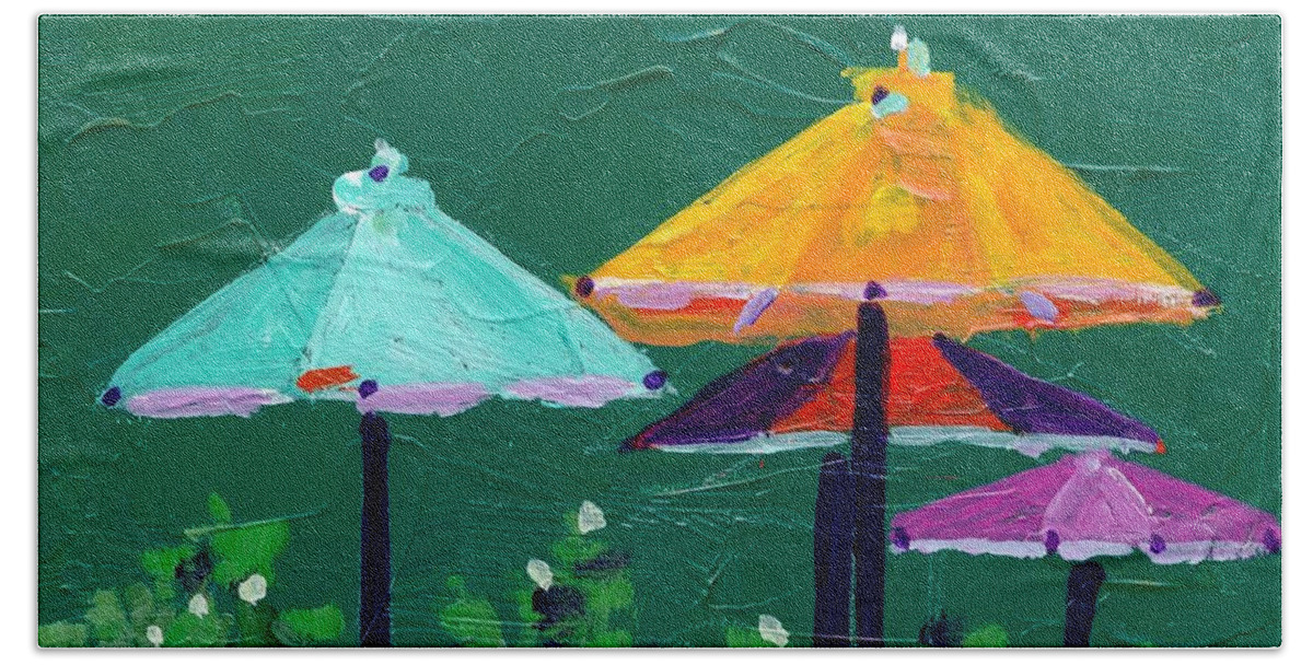 Umbrellas Beach Towel featuring the painting Meet Me At The Cafe by Adele Bower