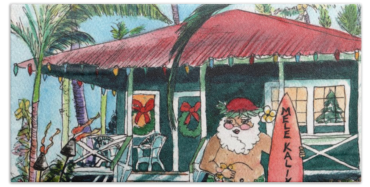 Hawaiian Santa Beach Sheet featuring the painting Mele Kalikimaka Hawaiian Santa by Marionette Taboniar