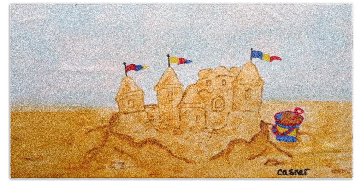 Beach Ocean Sand Sun Vacation Ocean Water Pail Shovel Flags Sand Castle Gulls Tourist Children Contest Play Beach Towel featuring the painting Memorial Day Weekend by Colleen Casner