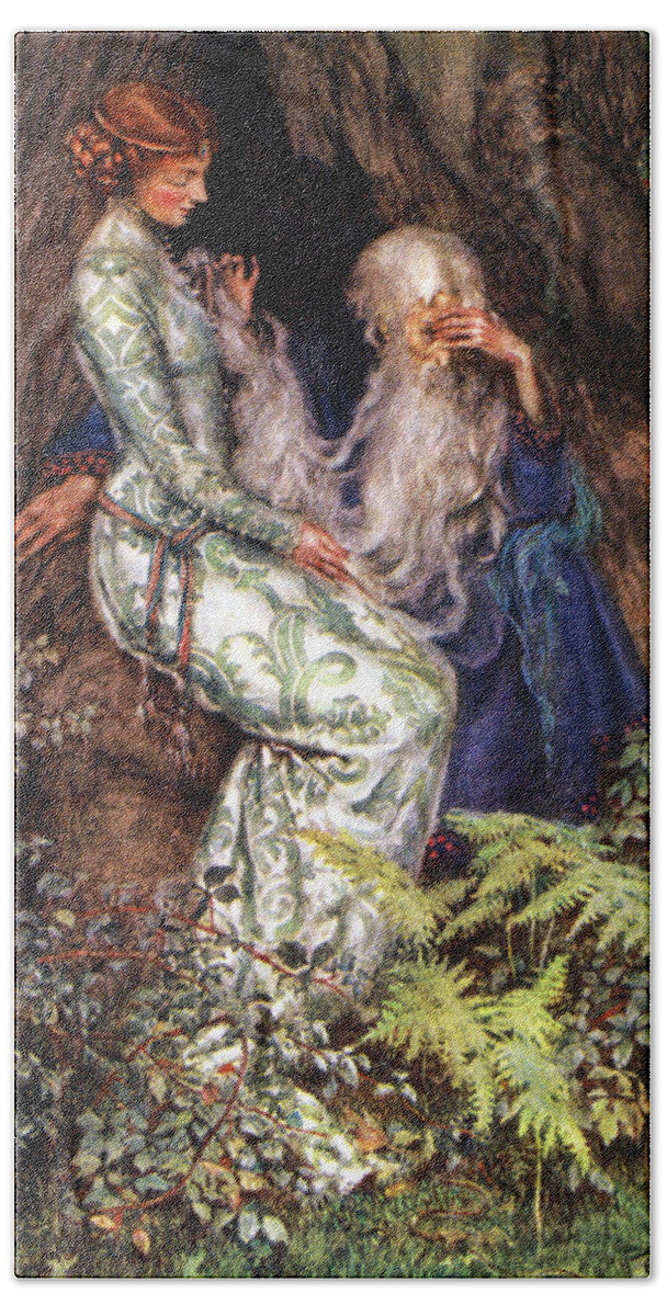 Old Masters Beach Towel featuring the digital art Merlin and Vivien by Eleanor Fortescue Brickdale