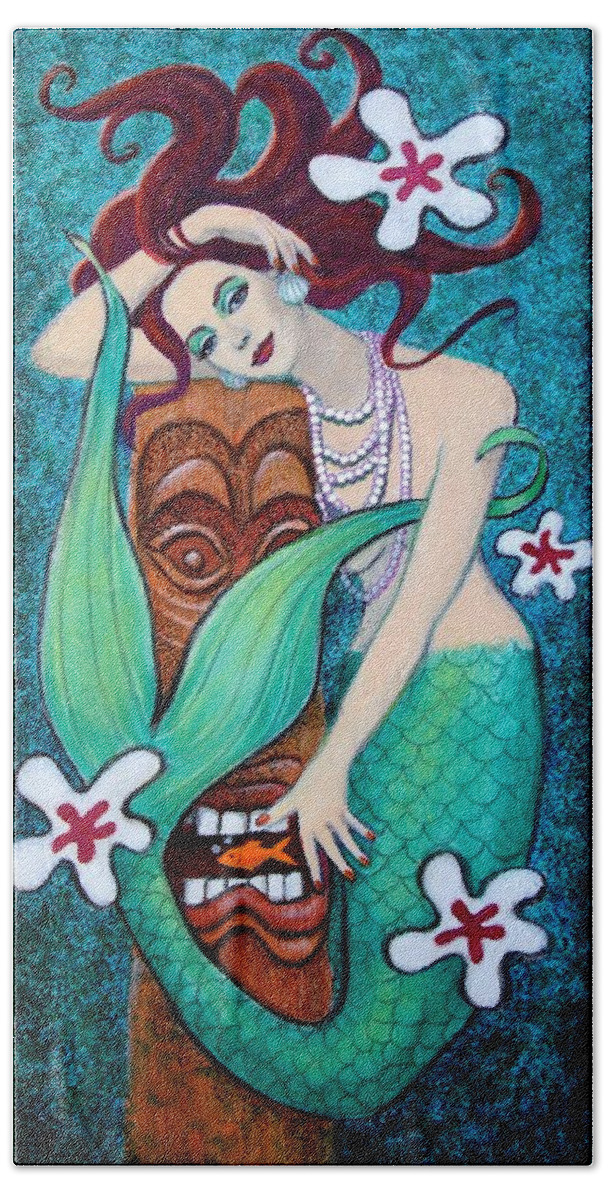 Mermaid Beach Towel featuring the painting Mermaid's Tiki God by Sue Halstenberg