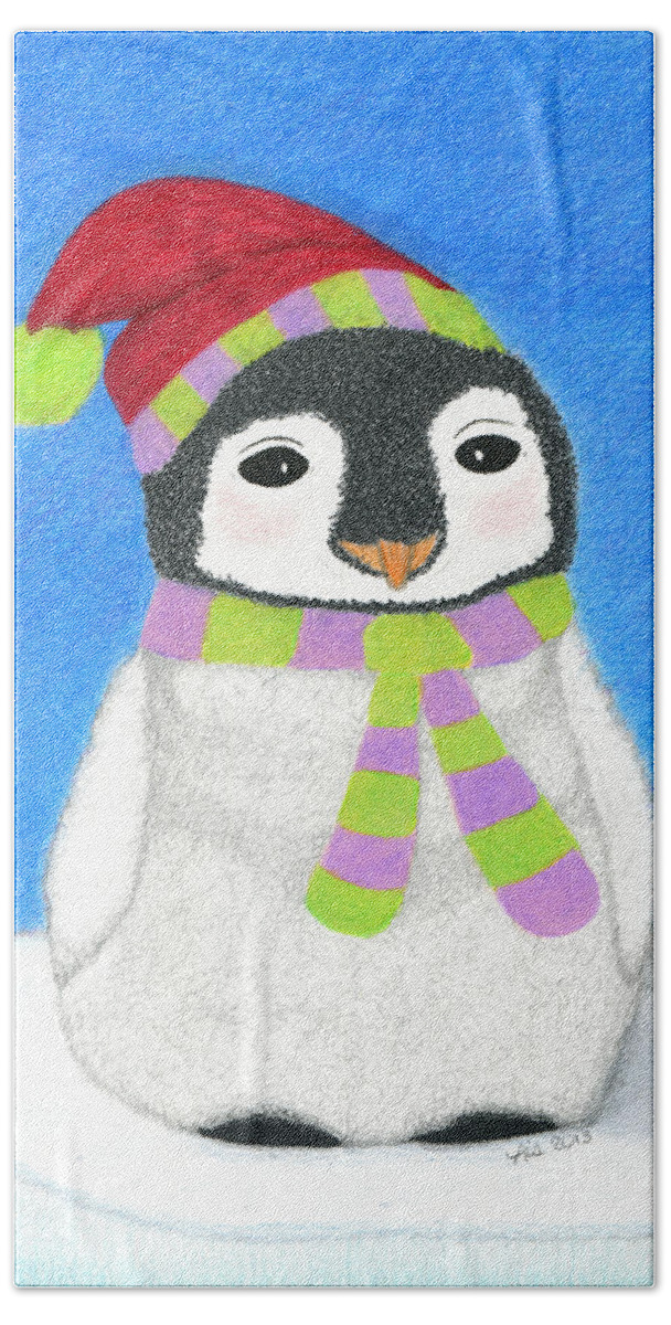 Christmas Beach Towel featuring the drawing Merry O' Penguin by Lisa Blake