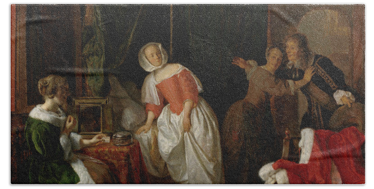 1660 Beach Towel featuring the painting Metsu The Intruder, C1661 by Granger