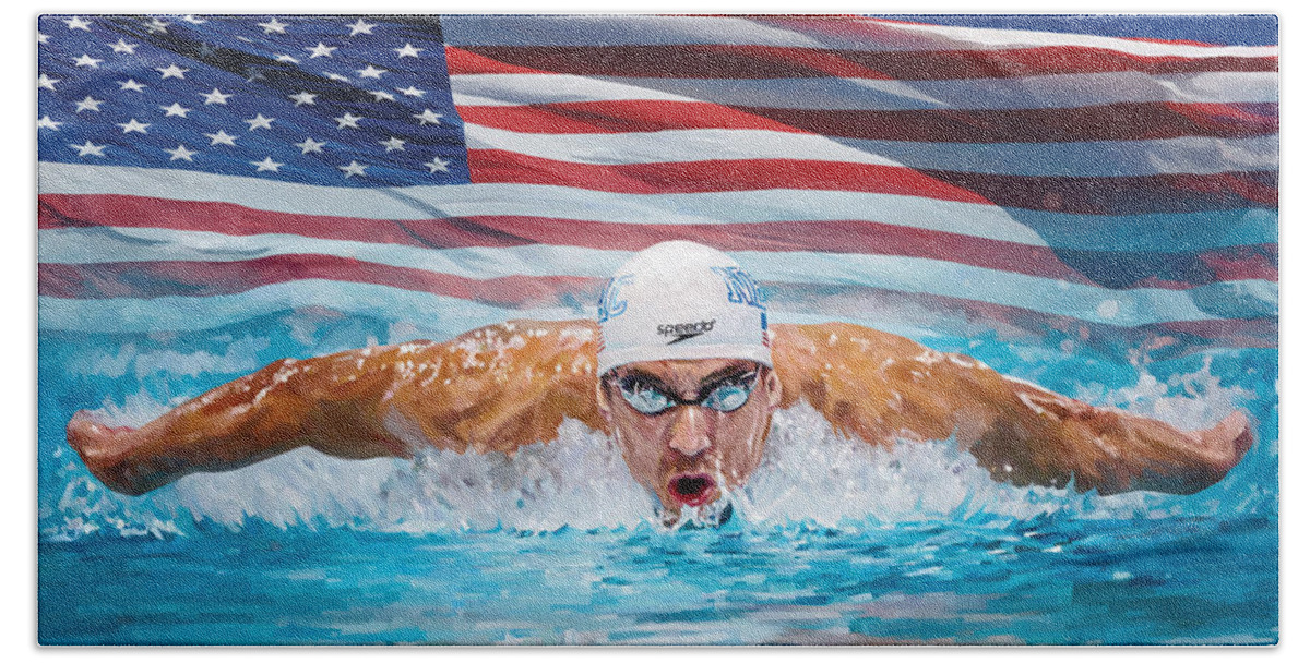 Michael Phelps Paintings Beach Towel featuring the painting Michael Phelps Artwork by Sheraz A