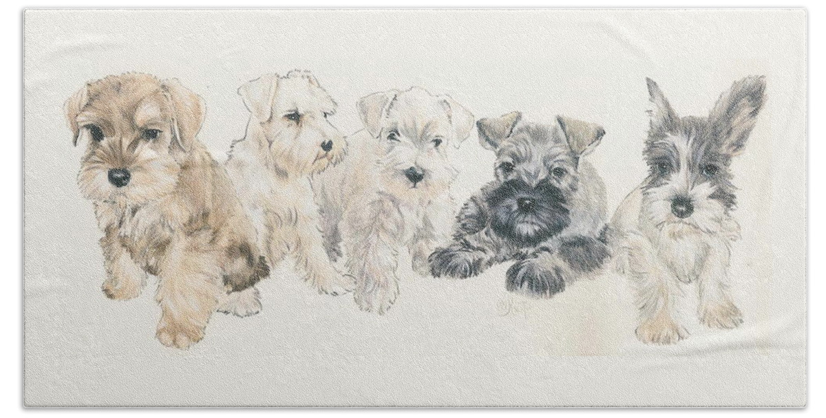 Dog Beach Towel featuring the mixed media Miniature Schnauzer Puppies by Barbara Keith