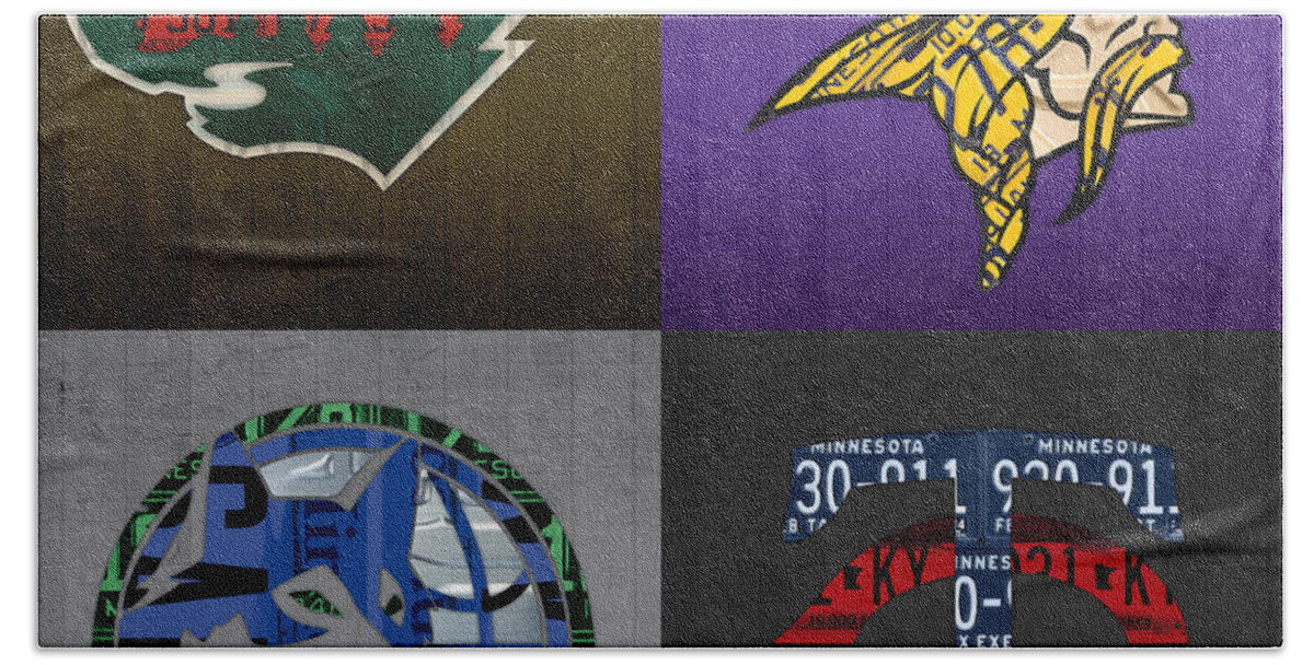 Minneapolis Beach Towel featuring the mixed media Minneapolis Sports Fan Recycled Vintage Minnesota License Plate Art Wild Vikings Timberwolves Twins by Design Turnpike