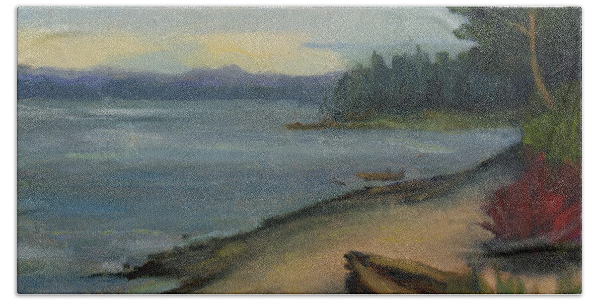 Maria Hunt Beach Towel featuring the painting Misty October Puget Sound by Maria Hunt
