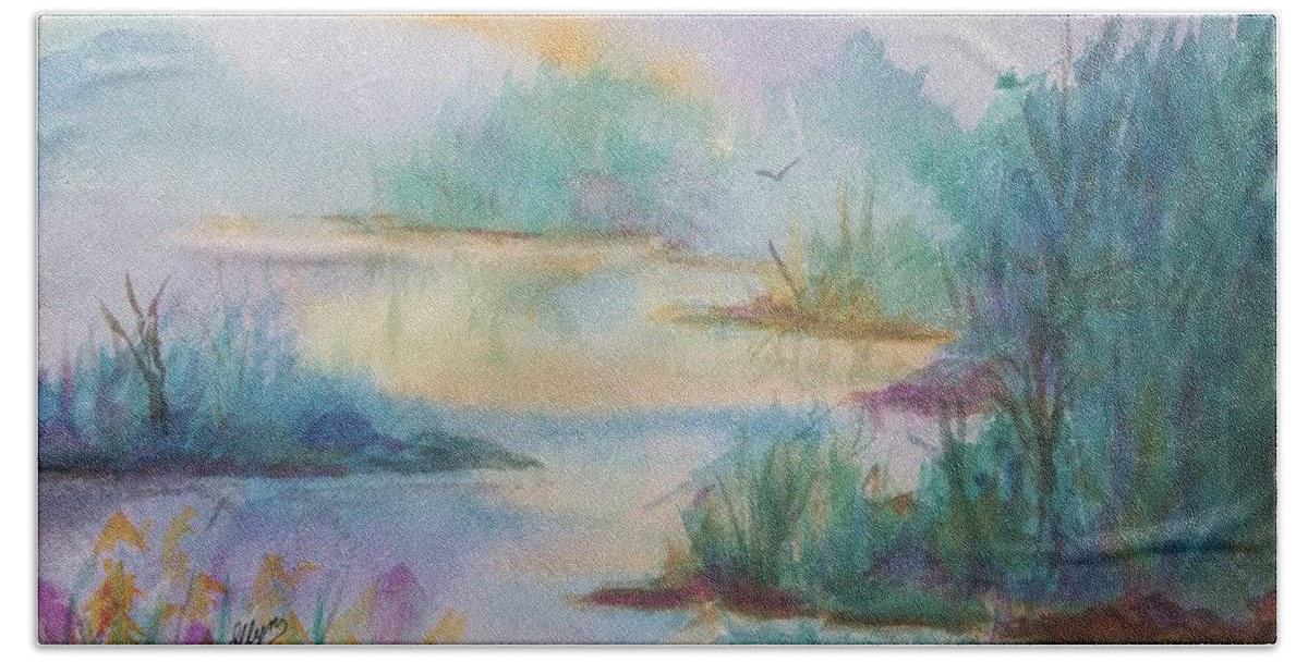 Misty Morn Beach Towel featuring the painting Misty Morn On A Mountain Lake by Ellen Levinson