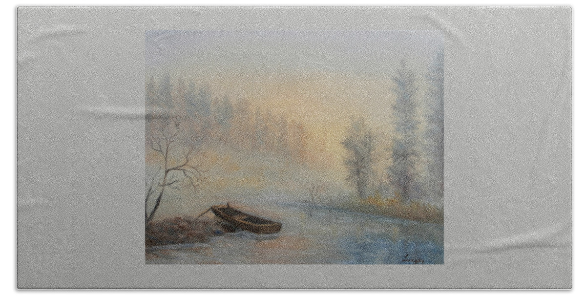 Luczay Beach Sheet featuring the painting Misty Morning by Katalin Luczay