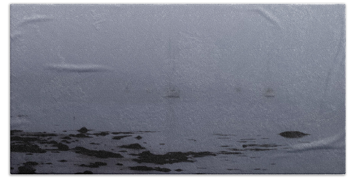 Sailboats In Fog Beach Towel featuring the photograph Misty sails upon the water by Jeff Folger
