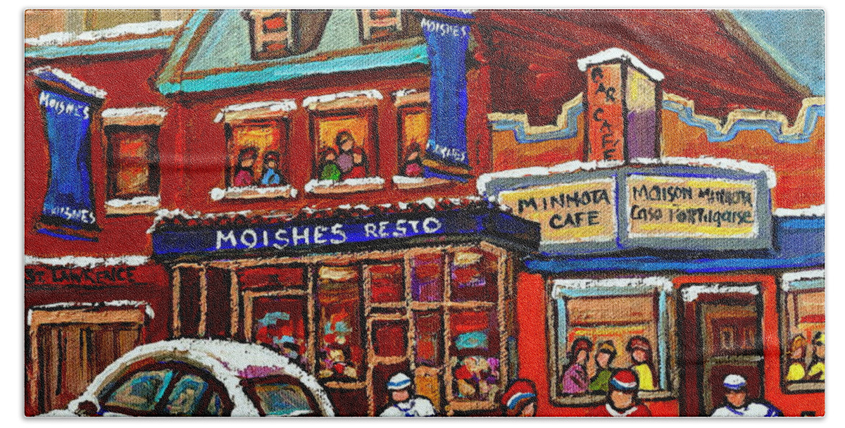 Moishes Steakhouse Beach Towel featuring the painting Moishes Steaks Served With A Saturday Hockey Game On The Main Montreal Paintings St Laurent Blvd by Carole Spandau