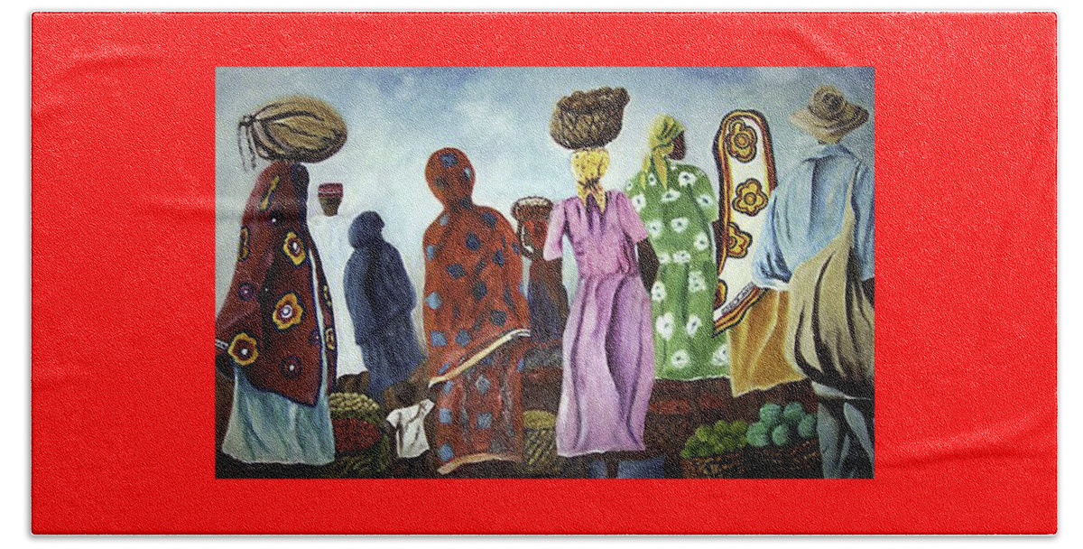 Market Beach Towel featuring the painting Mombasa Market by Sher Nasser