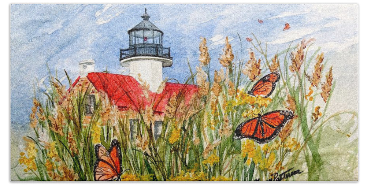 East Point Lighthouse Beach Towel featuring the painting Monarch Butterflies at East Point Light by Nancy Patterson