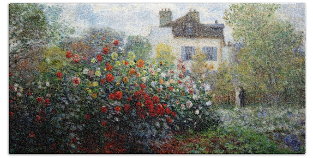 The Artist's Garden In Argenteuil Beach Sheet featuring the photograph Monet's The Artist's Garden In Argenteuil -- A Corner Of The Garden With Dahlias by Cora Wandel