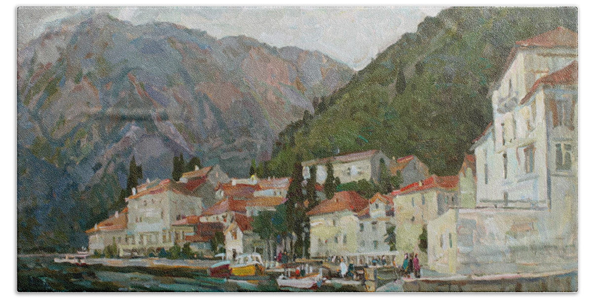 Montenegro Beach Towel featuring the painting Montenegrin Venice by Juliya Zhukova