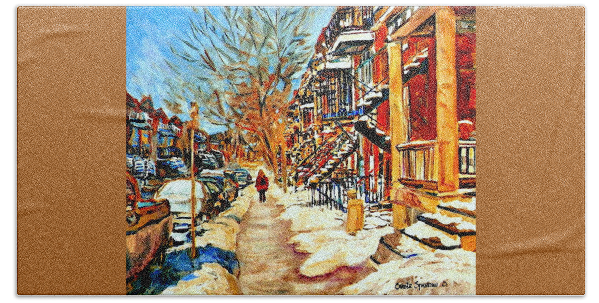 Montreal Beach Towel featuring the painting Montreal Art Winterwalk In Montreal Street Scene Painting by Carole Spandau
