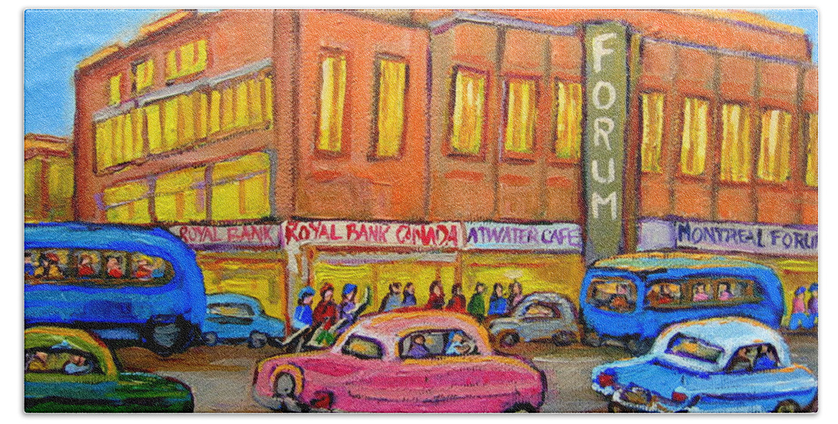 Montreal Forum Beach Towel featuring the painting Montreal Forum Vintage Scene by Carole Spandau
