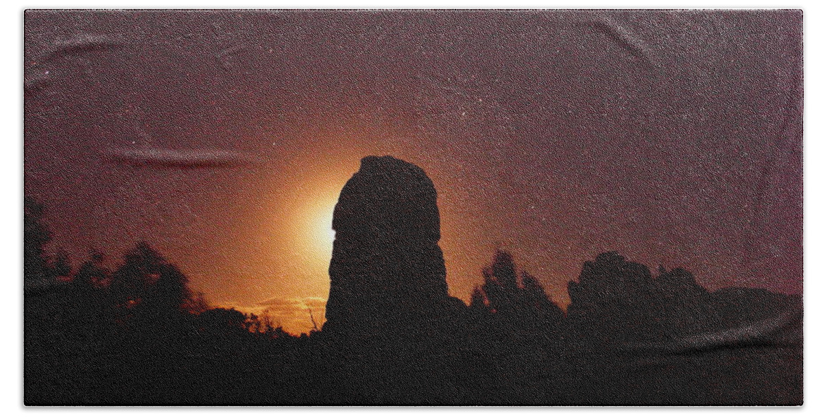 Stars Beach Towel featuring the photograph Moon behind the rock by Jeff Swan