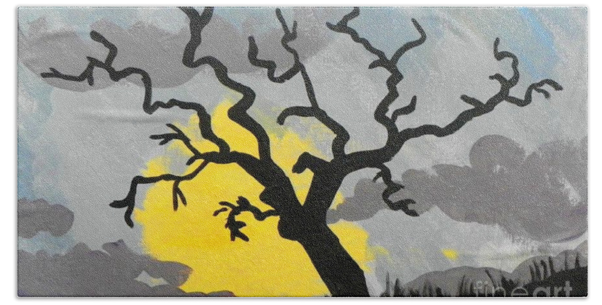 Marisela Mungia Beach Sheet featuring the painting Moon Tree by Marisela Mungia