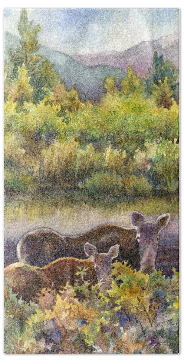 Moose And Calf Painting Beach Towel featuring the painting Moose Magic by Anne Gifford