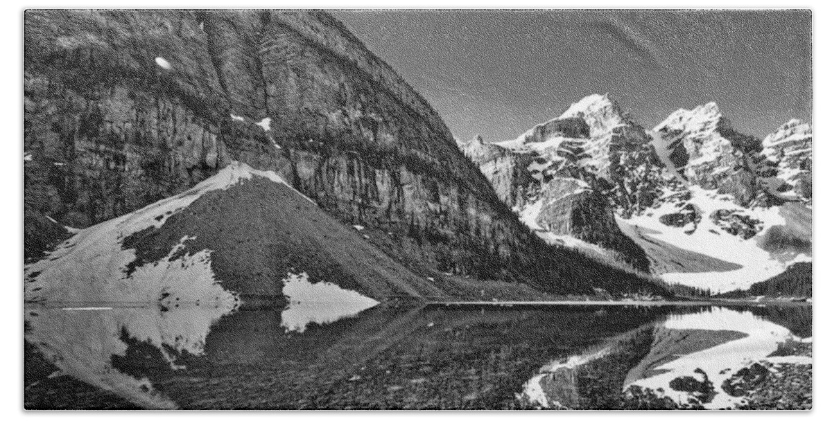 Moraine Lake Beach Towel featuring the photograph Moraine Lake - Black and White #3 by Stuart Litoff