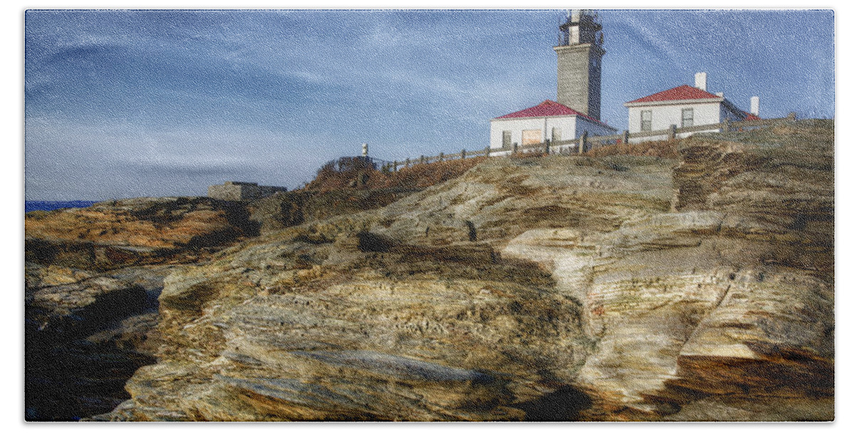 Joan Carroll Beach Towel featuring the photograph Morning at Beavertail Lighthouse by Joan Carroll