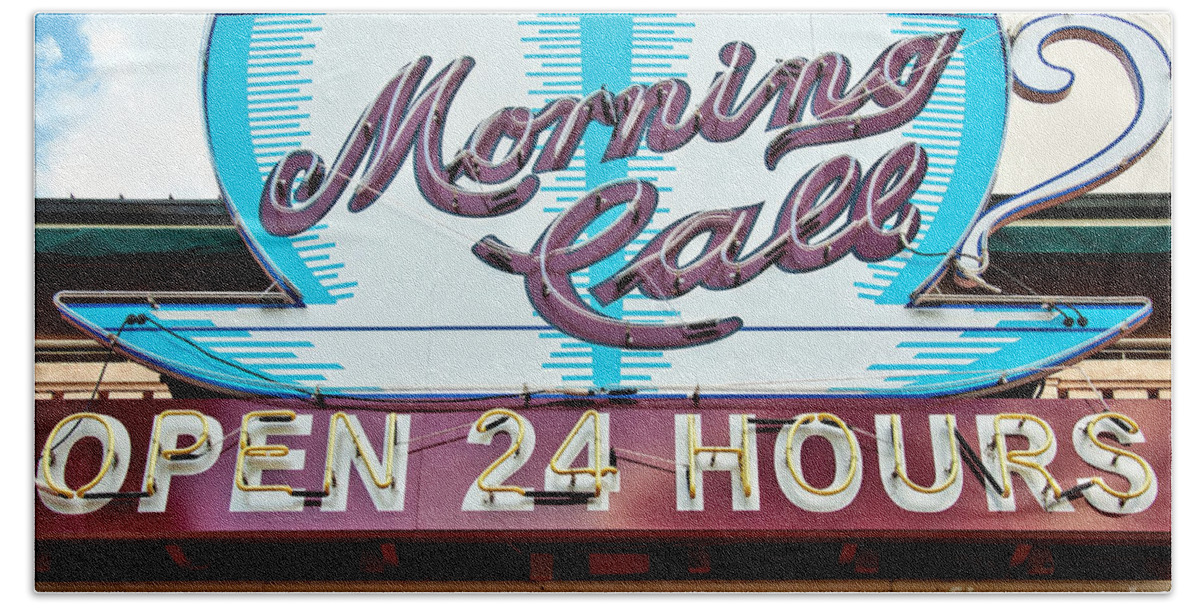 Morning Call Beach Towel featuring the photograph Morning Call Neon Cup Sign in New Orleans by Kathleen K Parker