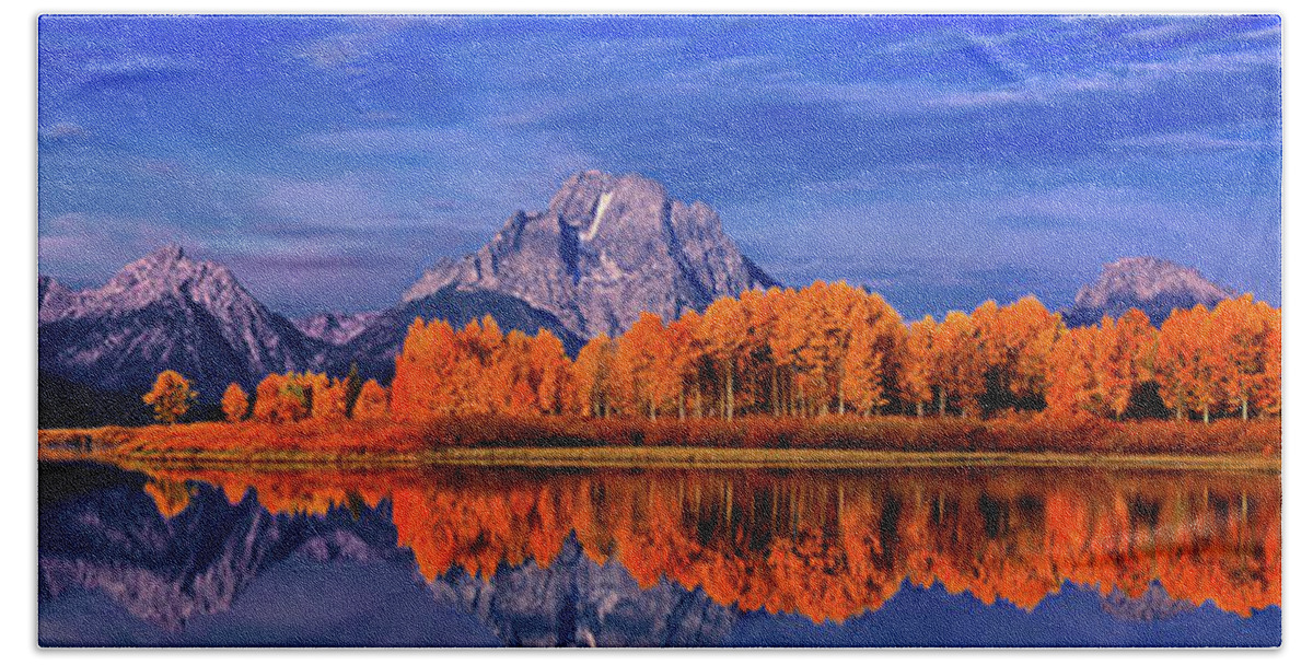 Grand Tetons National Park Beach Towel featuring the photograph Mount Moran and fall color Grand Tetons by Dave Welling