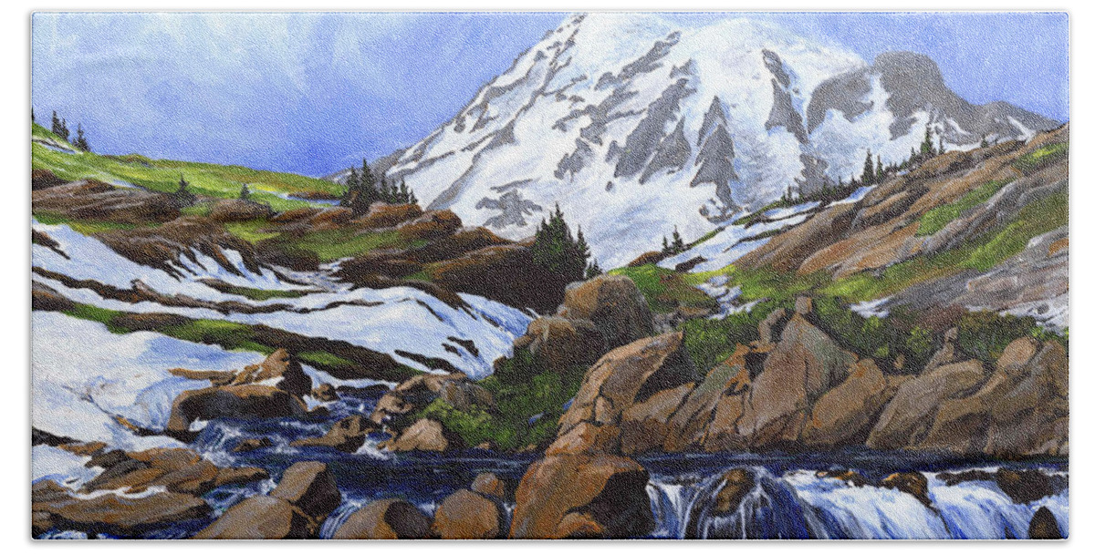 Landscape Beach Towel featuring the painting Mount Rainier from Edith Creek by Carlene Salazar