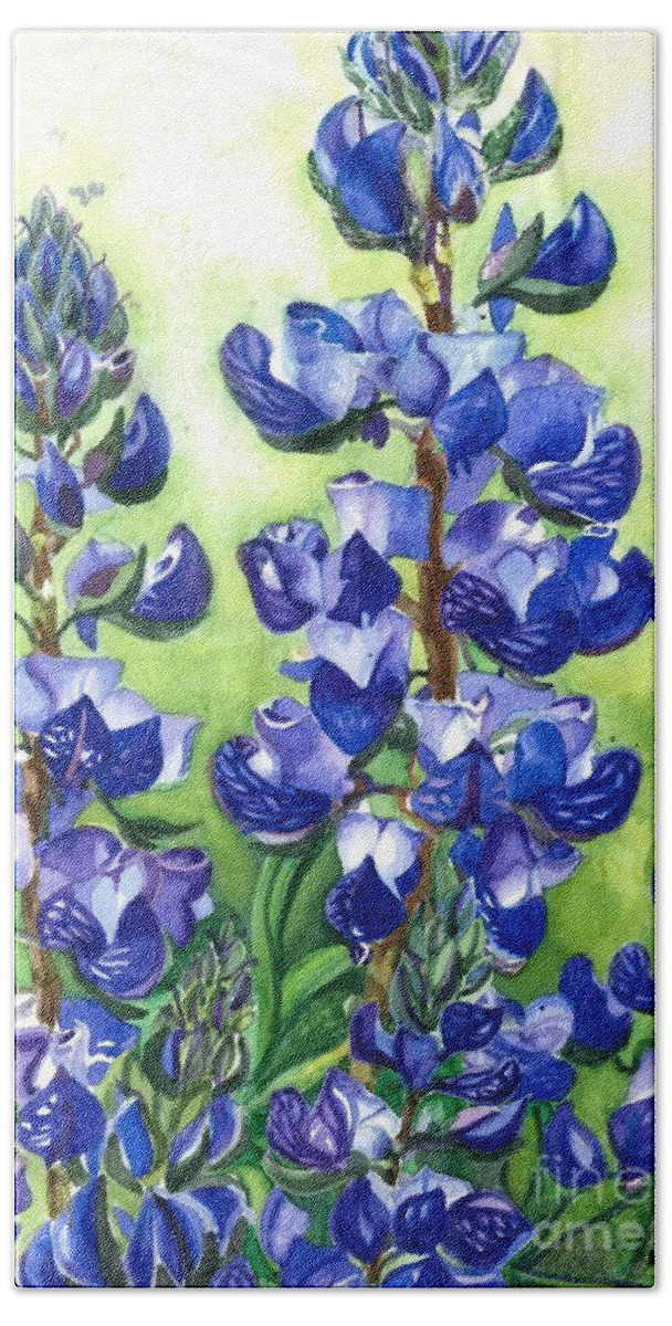 Flowers Beach Towel featuring the painting Mountain Blues Lupine Study by Barbara Jewell