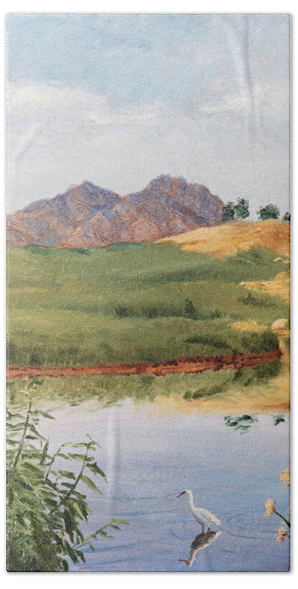 Animals Beach Towel featuring the painting Mountain Landscape with Egret by Masha Batkova