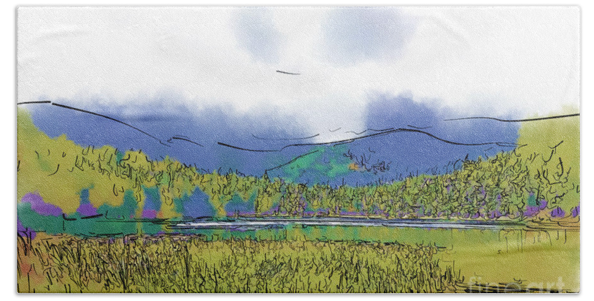 Mountain Beach Towel featuring the digital art Mountain Meadow Lake by Kirt Tisdale