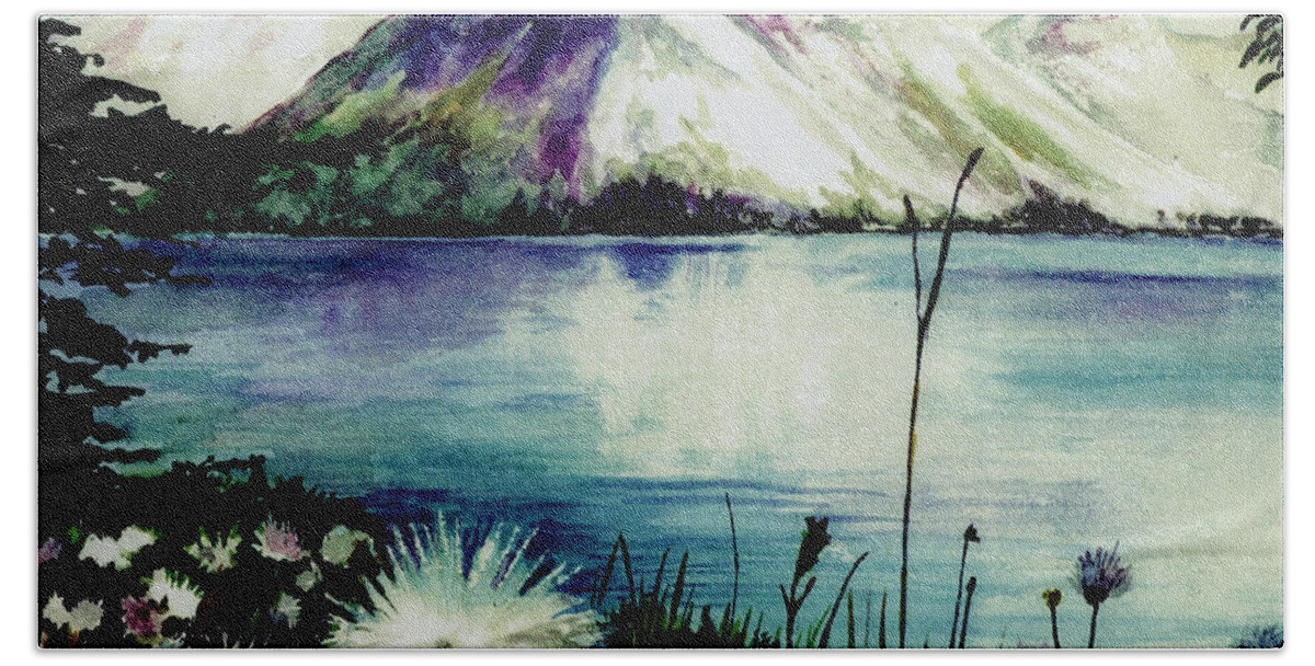 Landscape Beach Towel featuring the painting Mountain Serenity by Brenda Owen