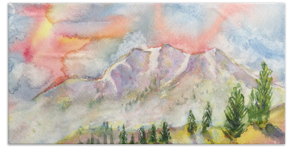 Mountains Beach Towel featuring the painting Mountain Sunset by Walt Brodis