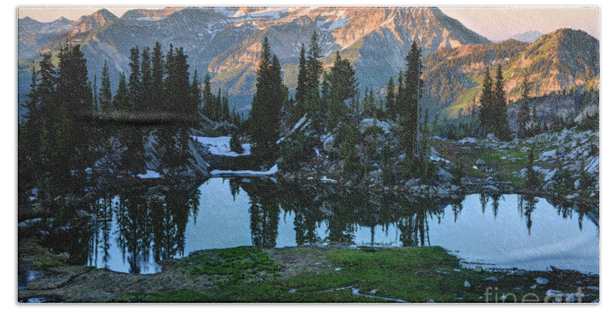 Mount Timpanogos Beach Towel featuring the photograph Mt. Timpanogos at Sunrise from Silver Glance Lake by Gary Whitton