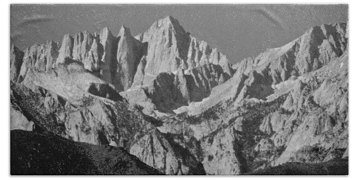 Mt. Whitney Beach Towel featuring the photograph Mt. Whitney in Black and White by Eric Tressler