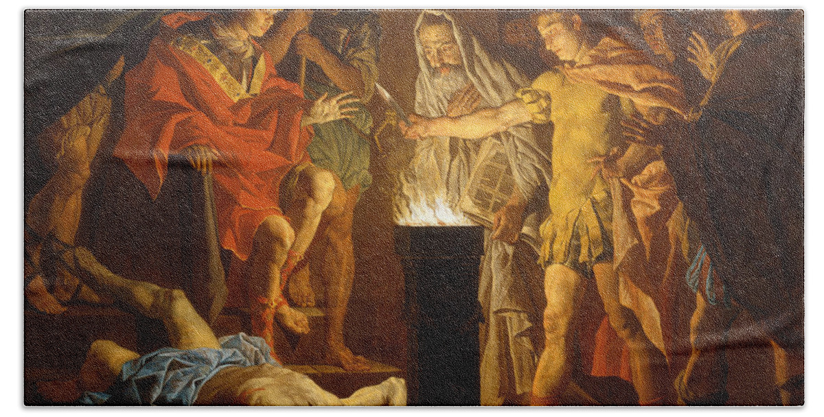 Matthias Stom Beach Towel featuring the painting Mucius Scaevola in the presence of Lars Porsenna by Matthias Stom