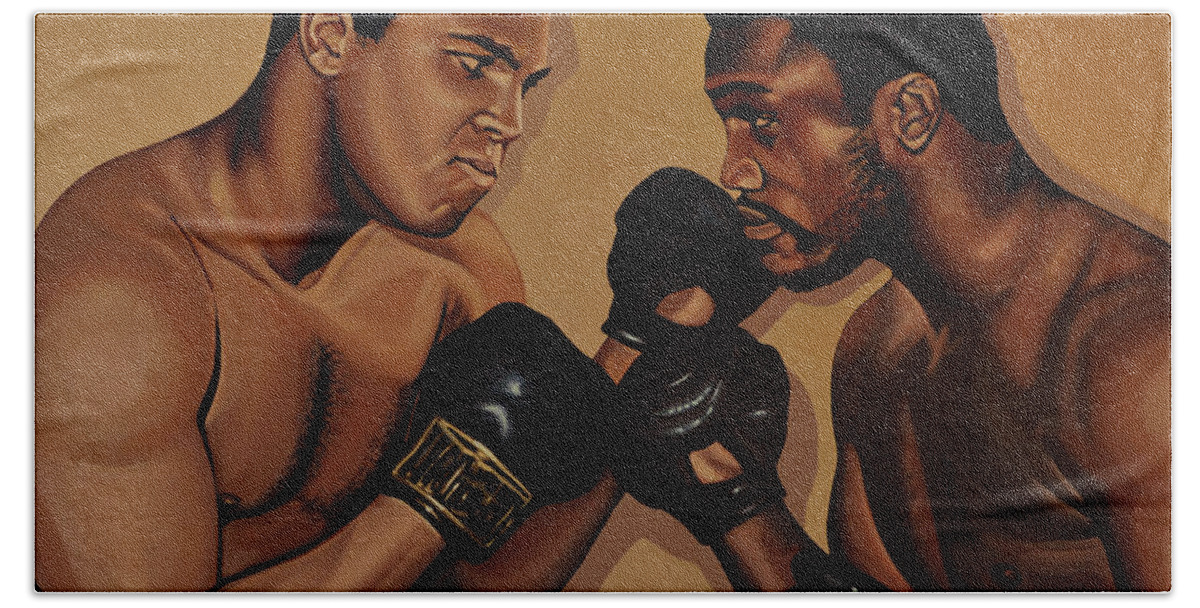 Mohammed Ali Versus Joe Frazier Beach Towel featuring the painting Muhammad Ali and Joe Frazier by Paul Meijering