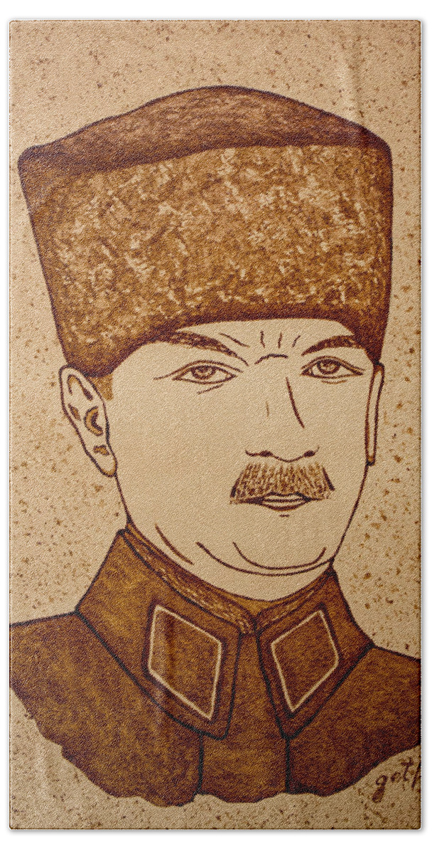 Mustafa Kemal Ataturk Beach Towel featuring the painting Mustafa Kemal Ataturk coffee painting by Georgeta Blanaru