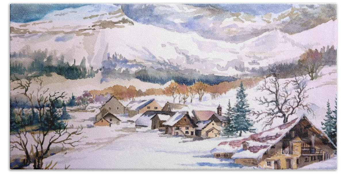 Montains Beach Sheet featuring the painting My First Snow Scene by Alban Dizdari