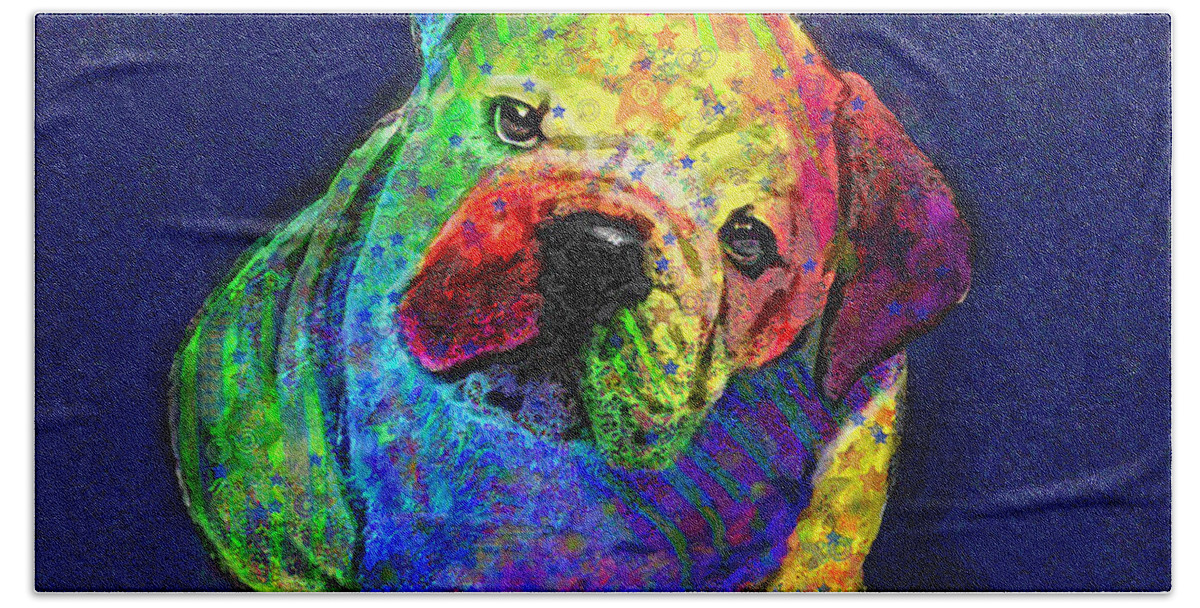  Jane Schnetlage Beach Towel featuring the digital art My Psychedelic Bulldog by Jane Schnetlage
