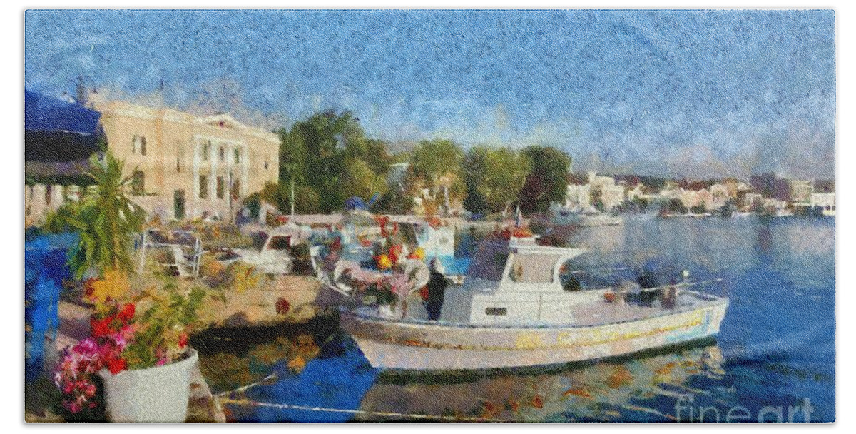 Lesvos; Lesbos; Mytilini; Mitilini; Mytilene; City; Town; Port Beach Towel featuring the painting Mytilini port by George Atsametakis