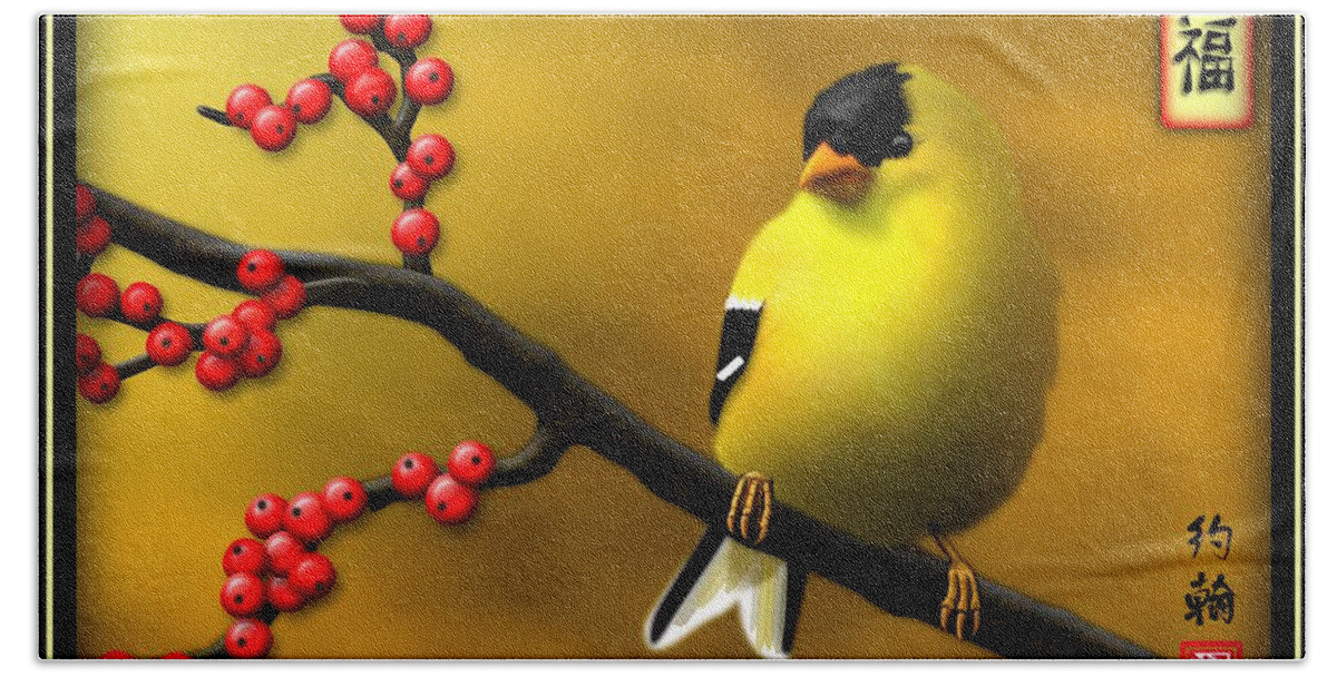 Goldfinch Art Beach Sheet featuring the digital art N. American Male Goldfinch by John Wills