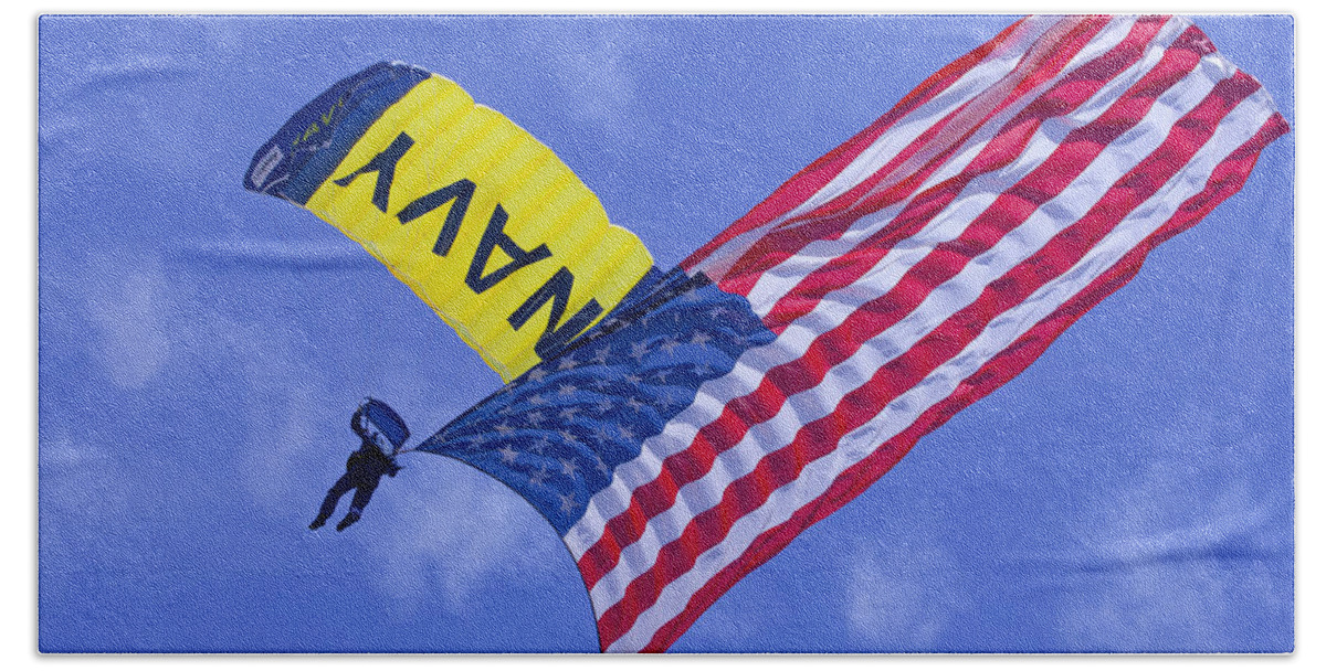 Oc Air Show Beach Towel featuring the photograph Navy Seal Leap Frogs US Flag by Donna Corless